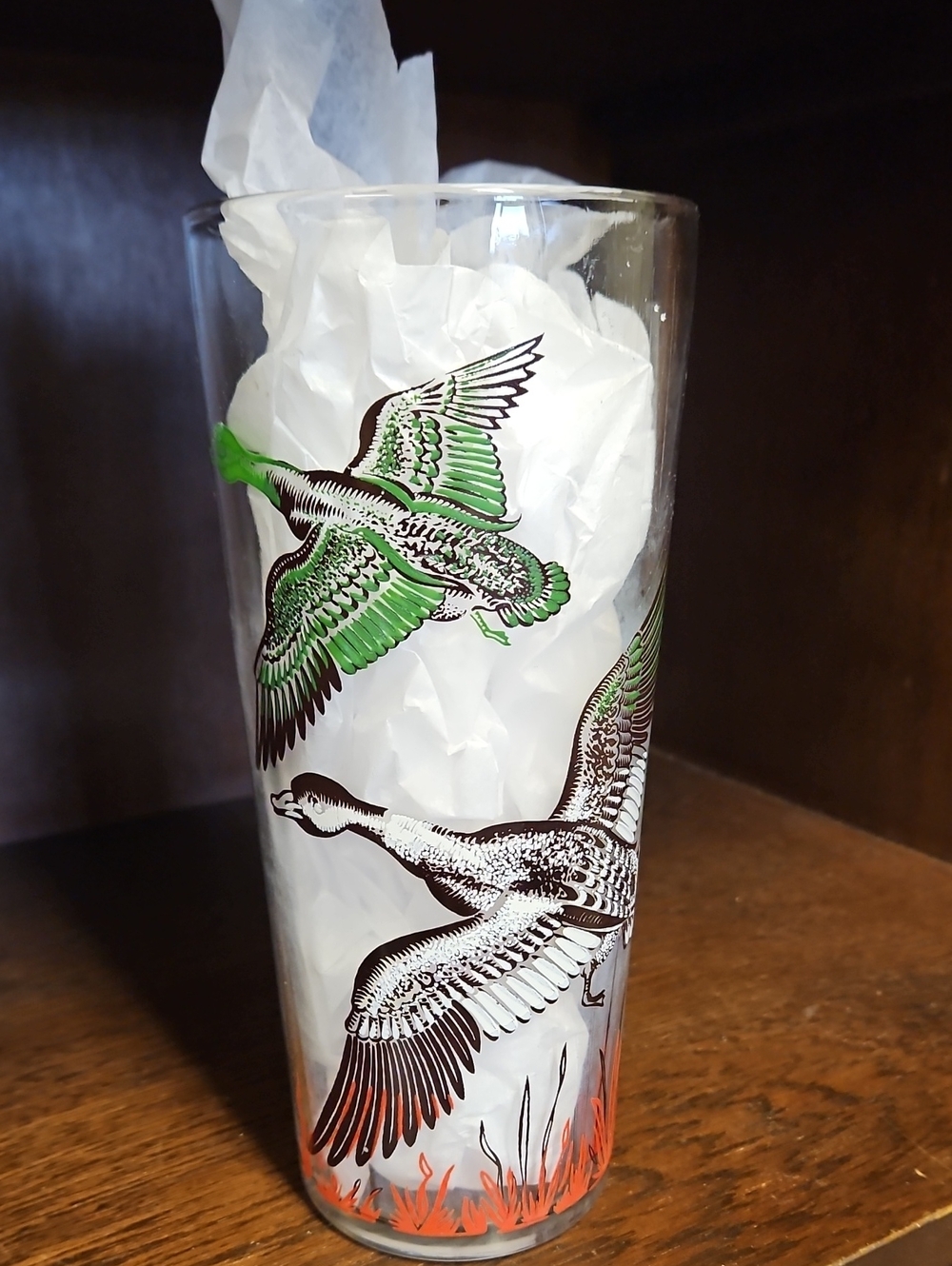 Vintage Glass Vase with Green and Orange Duck Motif